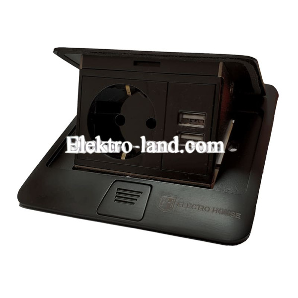 Розетка врезная для пола Черная 16 А + 2 USB 2,1 А IP44